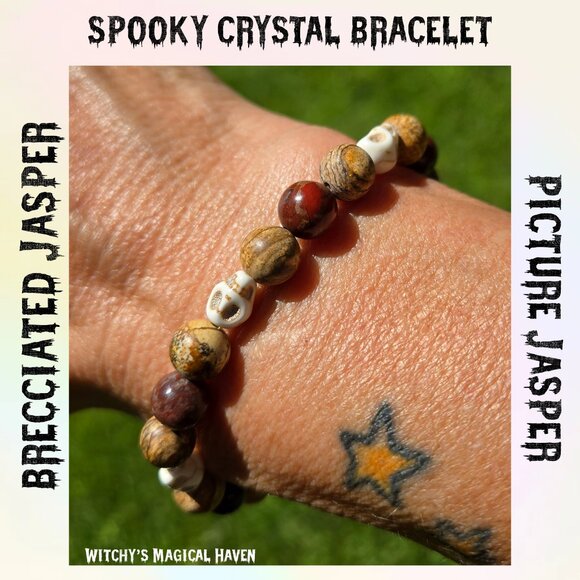 Brecciated and Picture Jasper Skull Spook Gemstone Beaded Bracelet - Picture 3 of 7